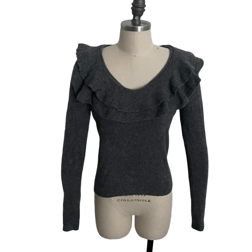 WHBM Gray V-Neck Sweater with Ruffle Neckline Size XS